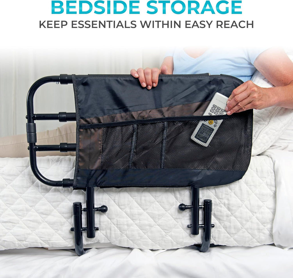 Stander EZ Adjust Bed Rail Adjustable Safety Assist Rail with Organizer Pouch, Black

