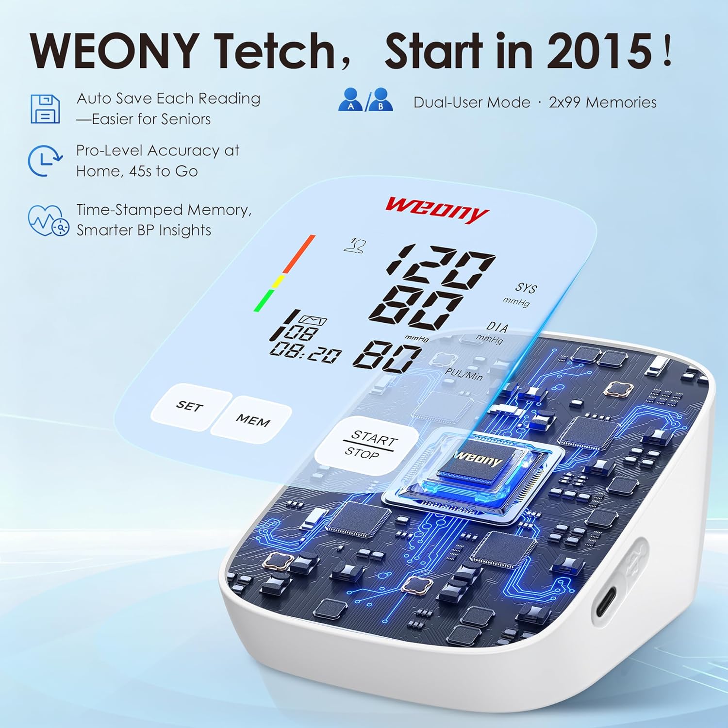 Weony Upper Arm Digital Blood Pressure Monitor for Home Use, Adjustable Cuff

