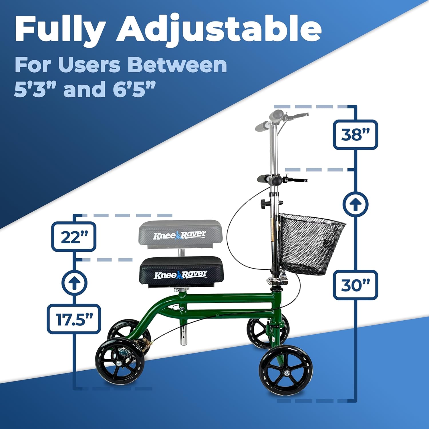 KneeRover Steerable Knee Walker for Adults, Foldable Crutch Alternative, Basket


