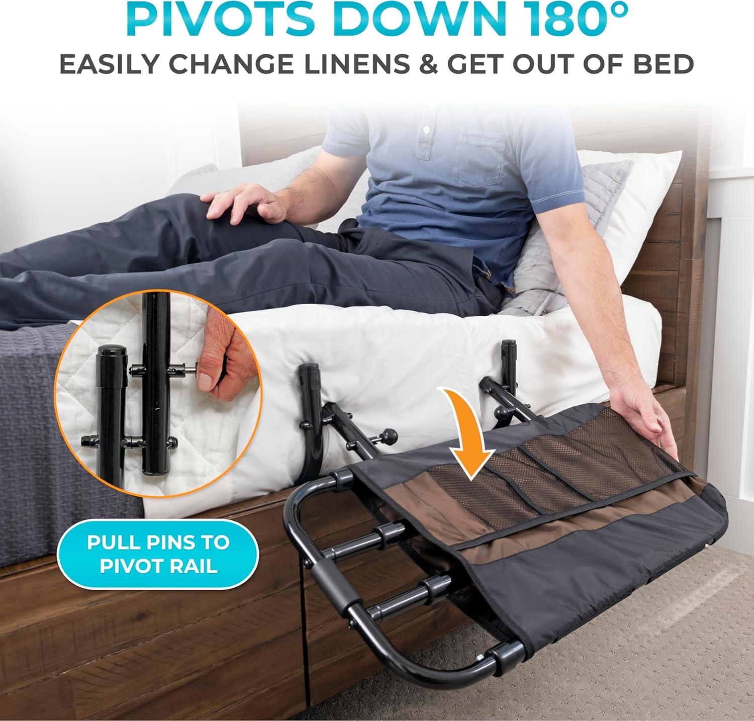 Stander EZ Adjust Bed Rail Adjustable Safety Assist Rail with Organizer Pouch, Black

