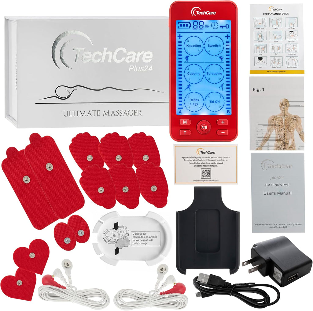 TechCare Tens Unit Plus Rechargeable Pulse Massager, 24 Modes, LCD Timer

