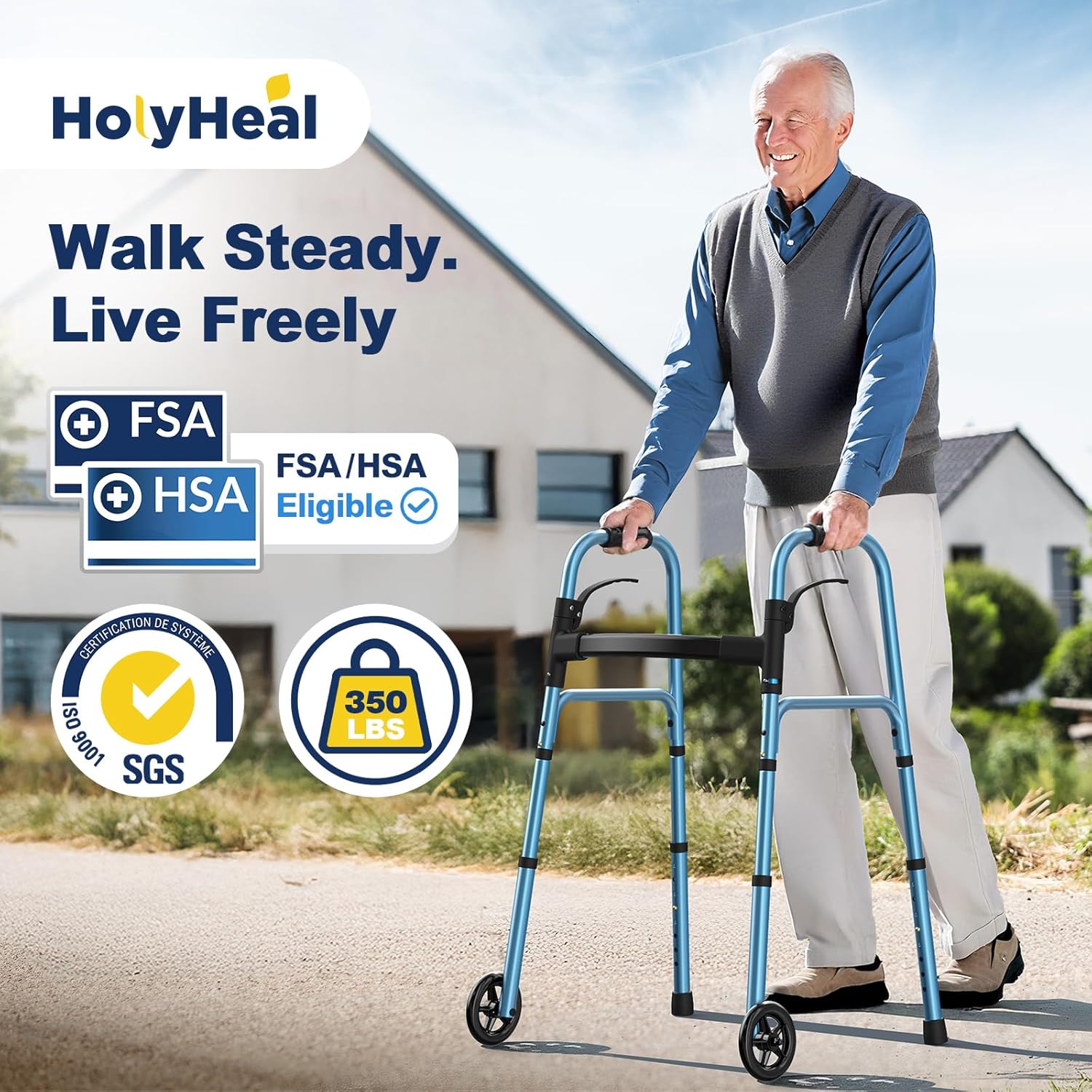 HolyHeal Folding Wheeled Mobility Aid with Glide Attachments, Adjustable 30–38 in

