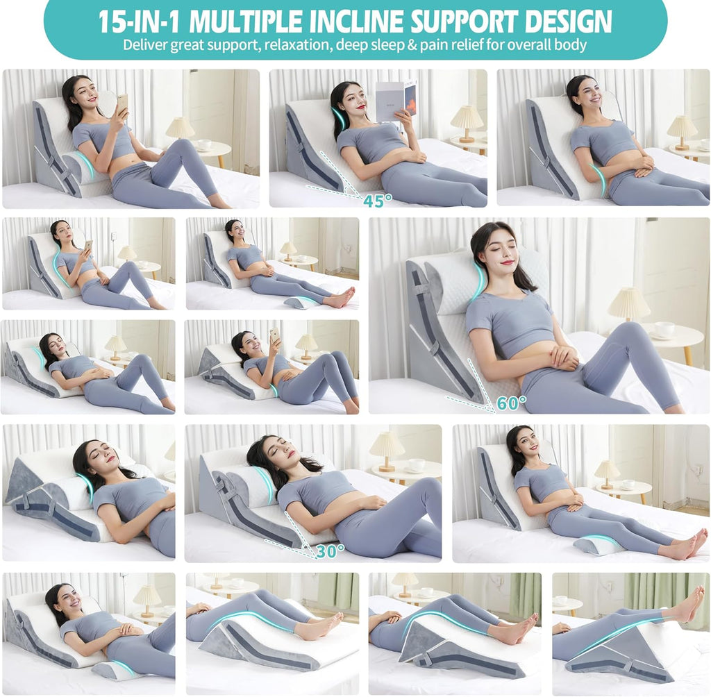 Bed Wedge Pillow Set for Sleeping, Memory Foam Incline Post Surgery Support

