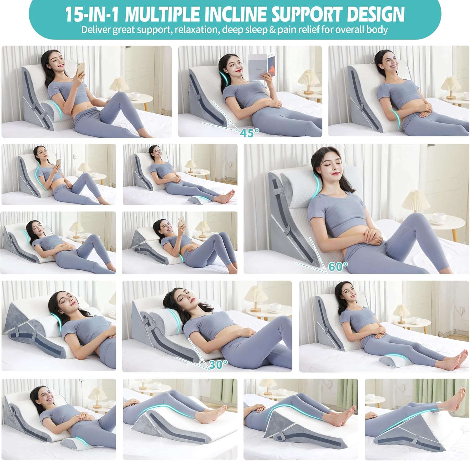 Bed Wedge Pillow Set for Sleeping, Memory Foam Incline Post Surgery Support

