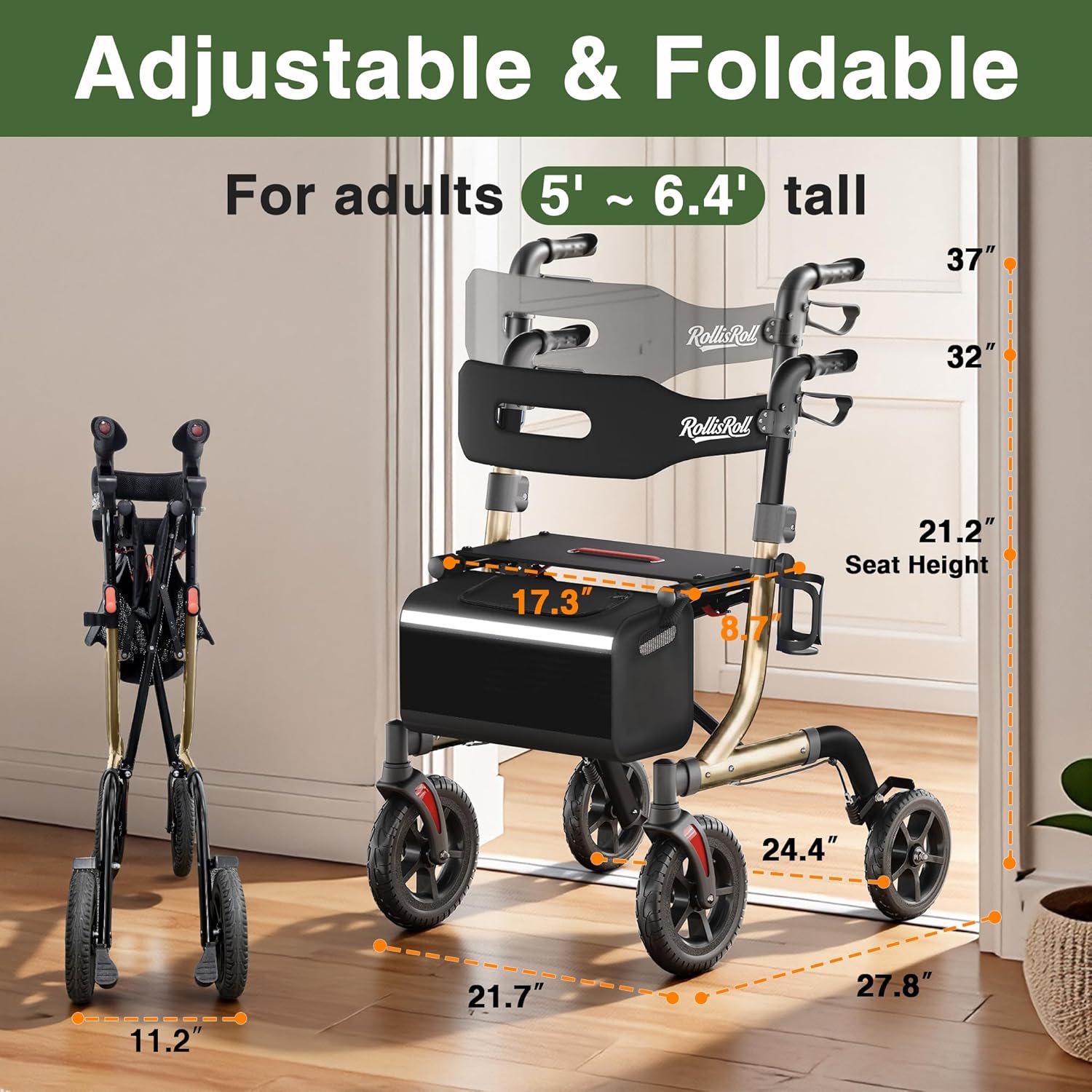 RollisRoll Rollator Walker with Seat, Foldable 4-Wheel, 10" All-Terrain Rubber Wheels

