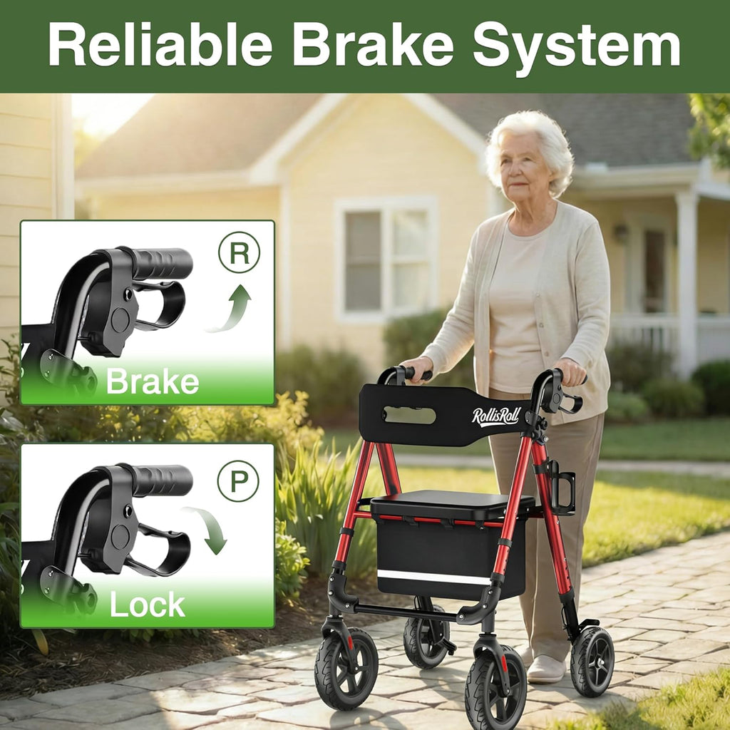 Walkers for Seniors Taller Foldable Rollator Walker Reinforced Aluminum Frame 8" Wheels

