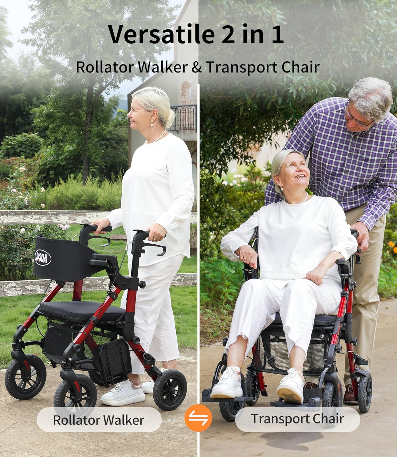 VOCIC 2-in-1 Rollator Walker Transport Chair with Seat, Foldable Brakes

