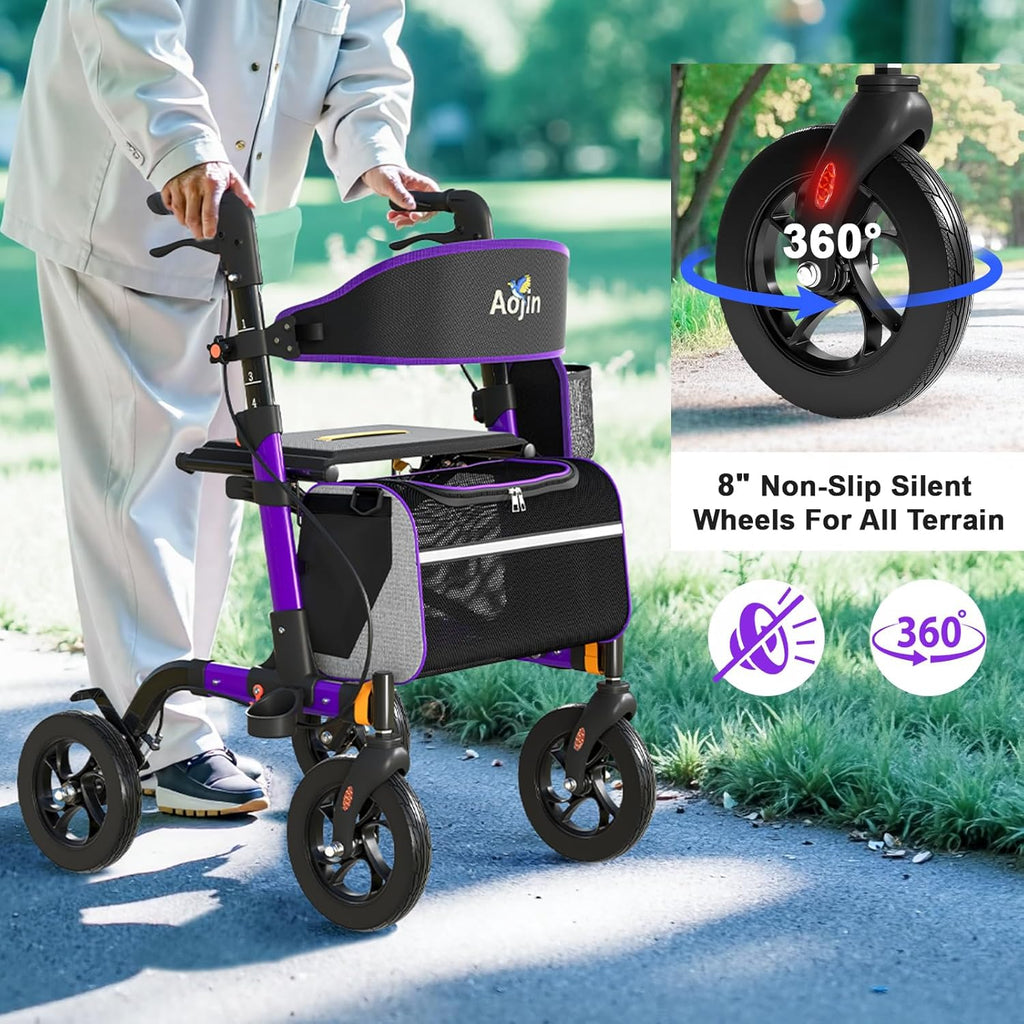 Aojin Rollator Walker with Seat, 350 lb Capacity, 6-Level Height, 8" All-Terrain Wheels

