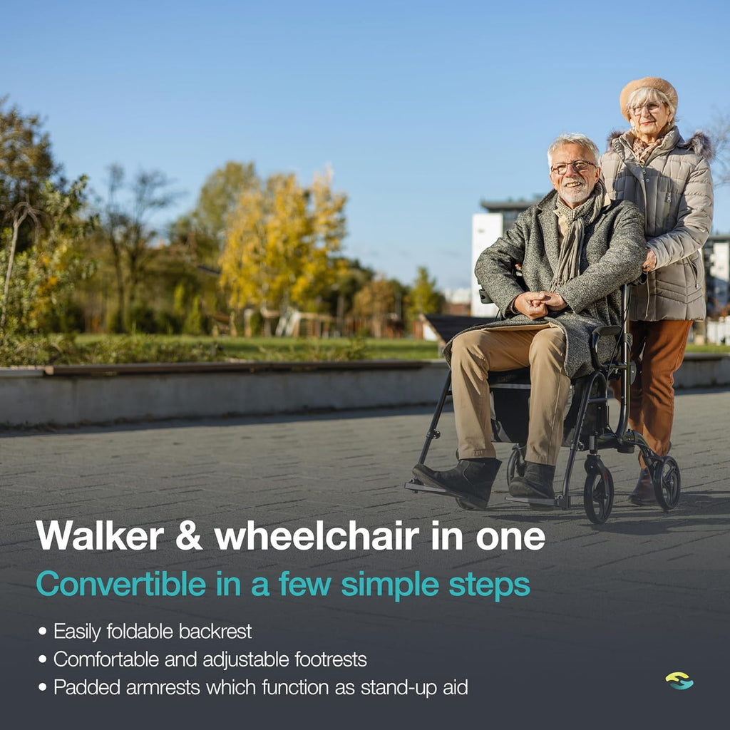 Helavo 2-in-1 Folding Aluminum Walker Wheelchair Combo with Footrests, 300 lb

