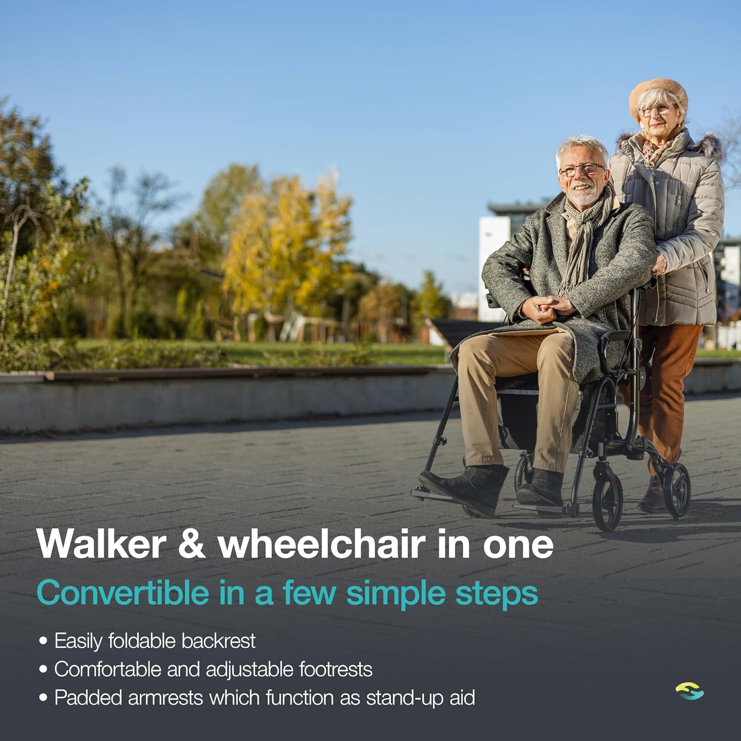 Helavo 2-in-1 Folding Aluminum Walker Wheelchair Combo with Footrests, 300 lb

