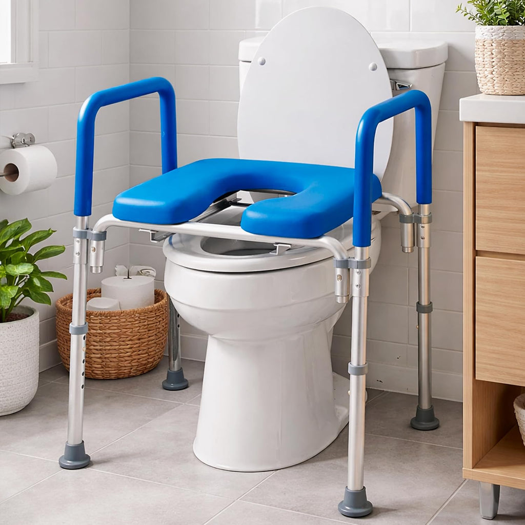 Adjustable Raised Toilet Seat with Handles, Padded Armrests, Bedside Commode

