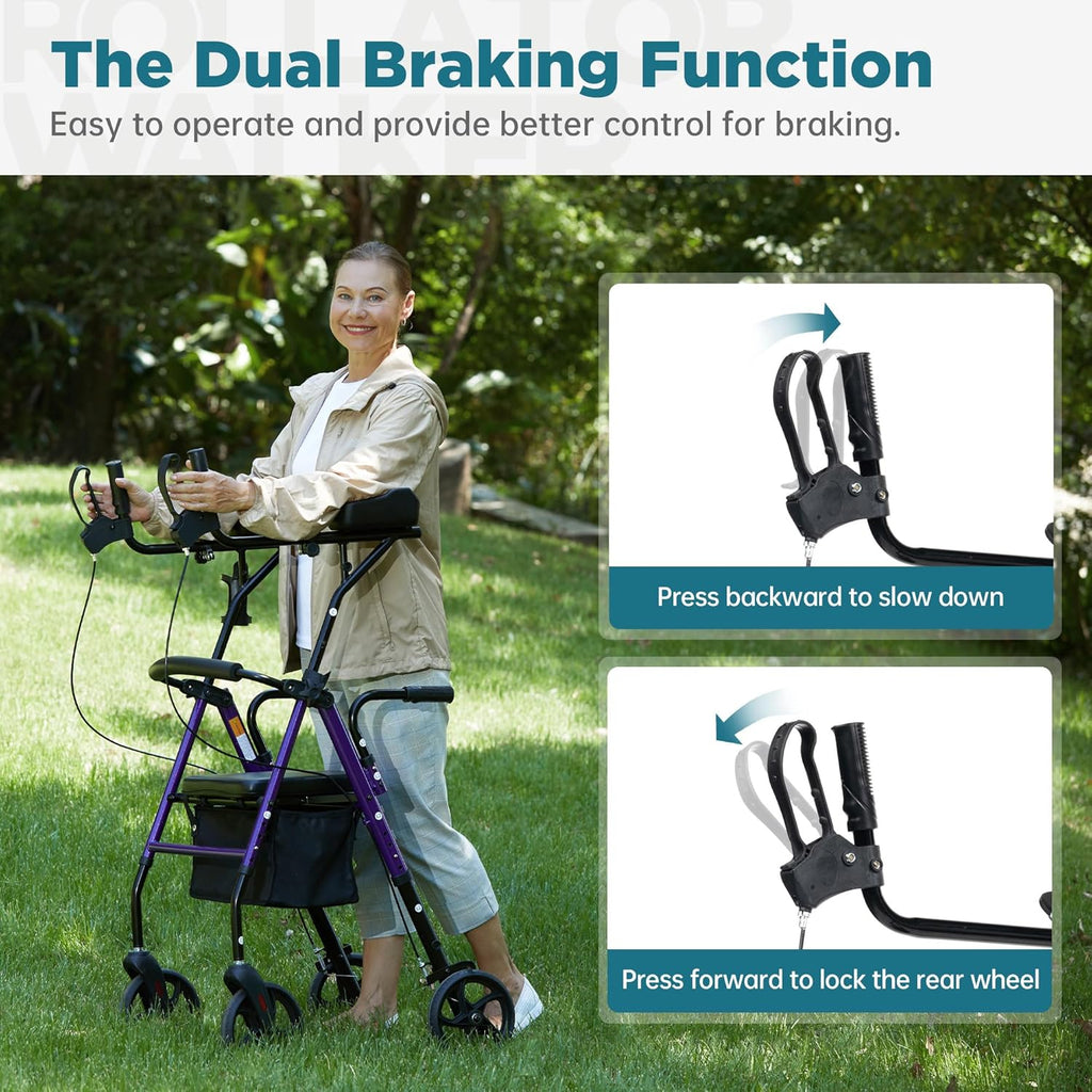 ELENKER Upright Walker Rollator with Padded Seat and Backrest, Compact Folding

