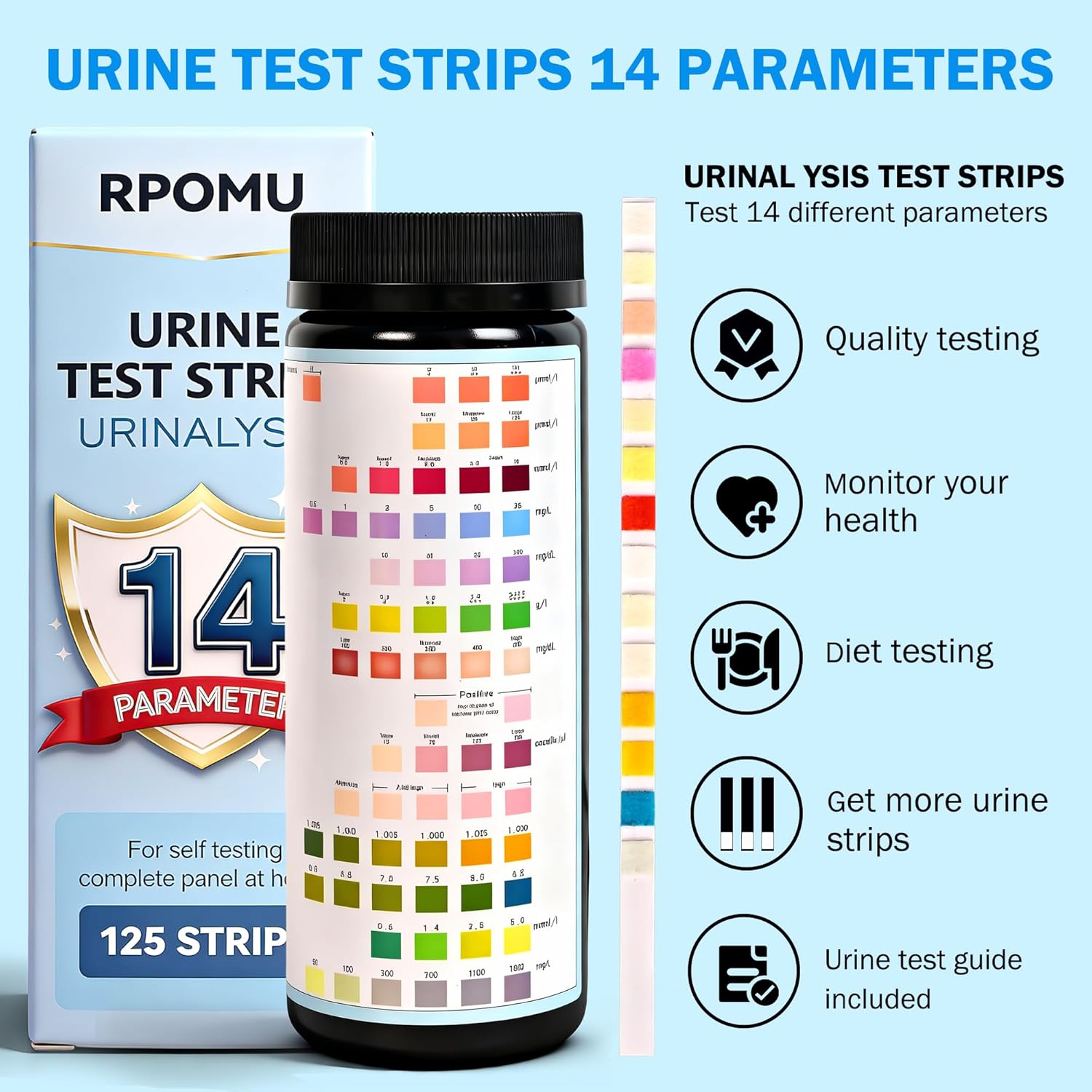 Urinalysis Test Strips 14-Parameter, 125 Count for UTI & Urine Testing

