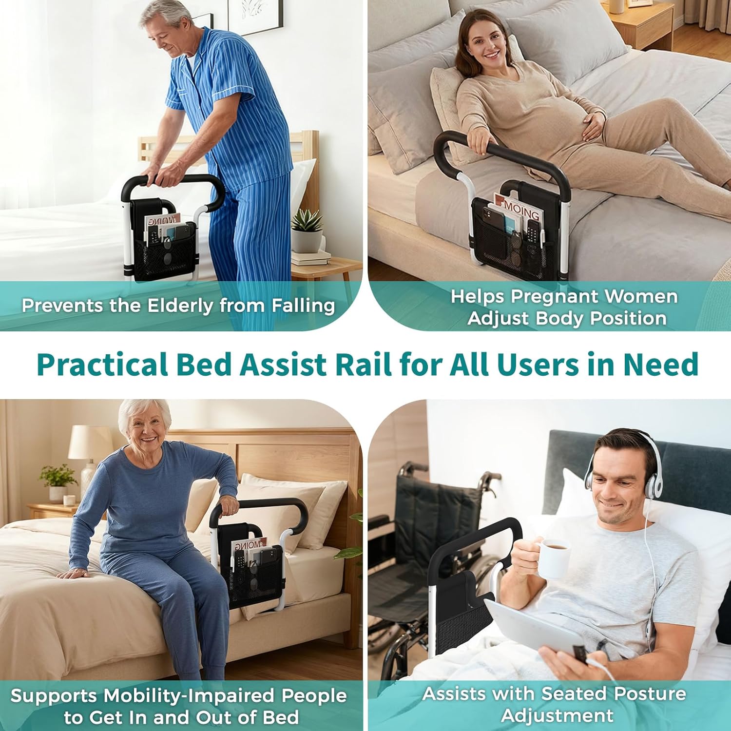 Bed Rails for Elderly Adults Safety Adjustable Bed Assist Rail with Storage Pockets

