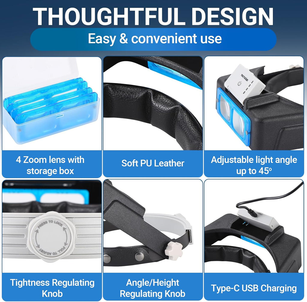 YOCTOSUN Rechargeable Headband Magnifier with Light, Hands-Free 4 Lenses 1.5X-3.5X

