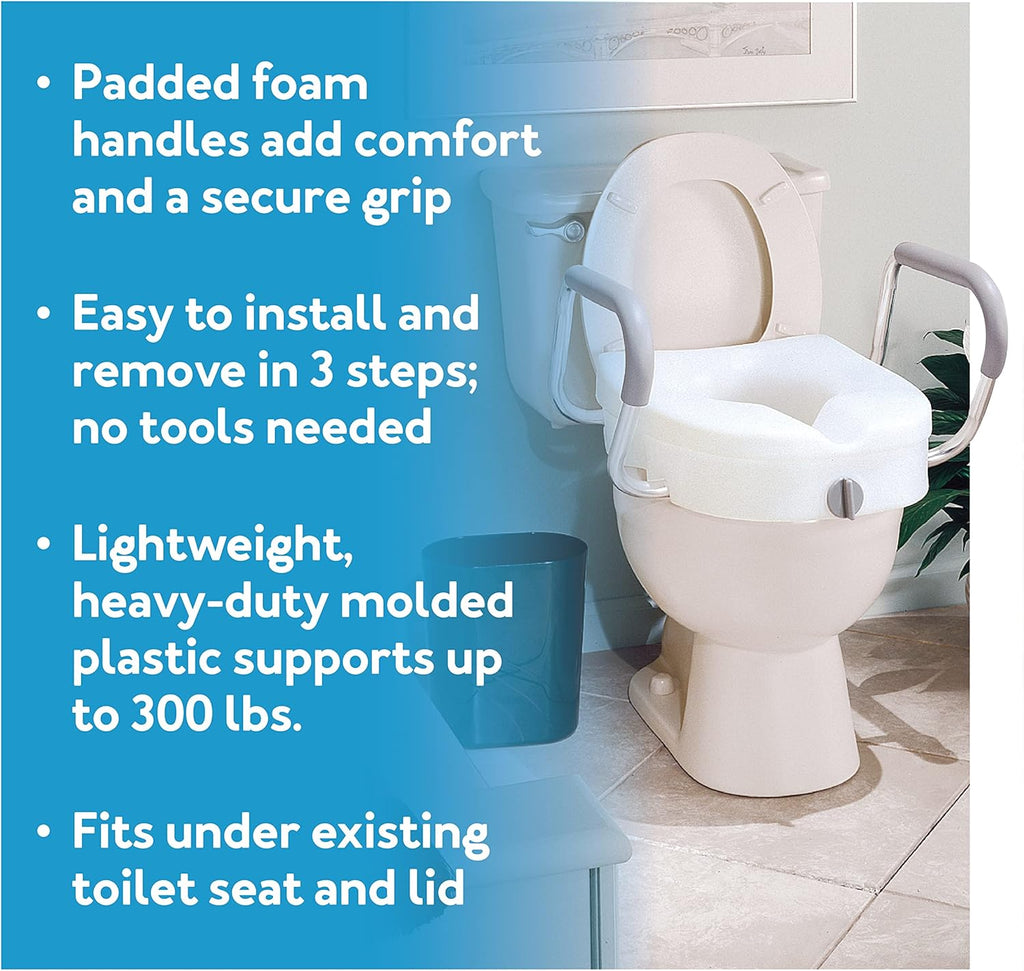 Carex E-Z Lock Raised Toilet Seat Riser with Safety Frame, 5 In Lift, Padded Handles

