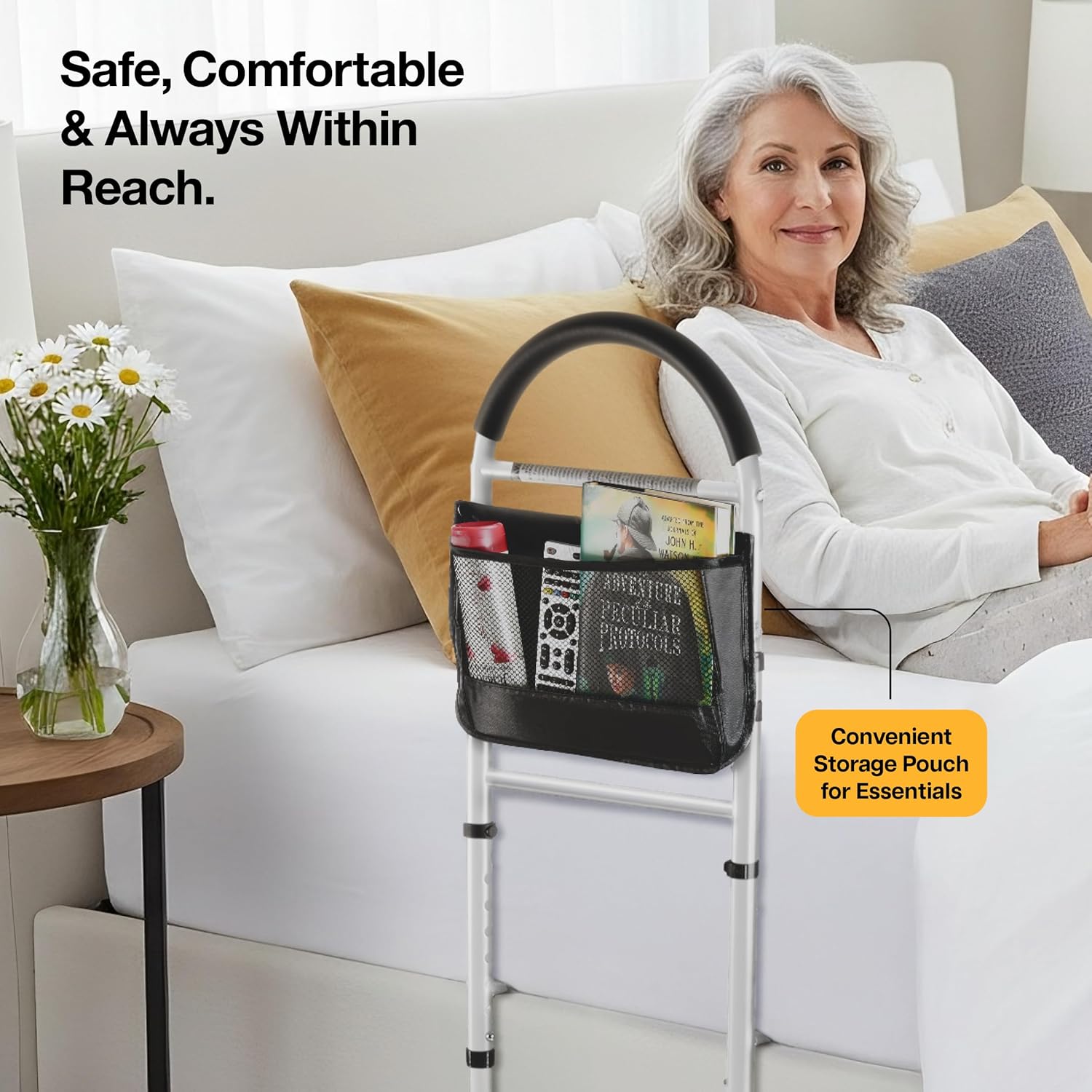 Bed Assist Rail for Seniors with Adjustable Height, Storage Pocket, and Floor Support

