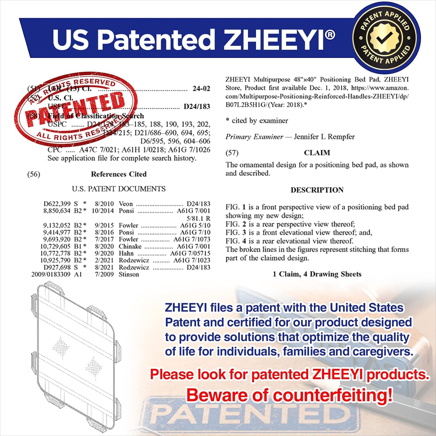 ZHEEYI Bed Positioning Pad with Reinforced Handles 48 x 40 Patient Transfer Sheet

