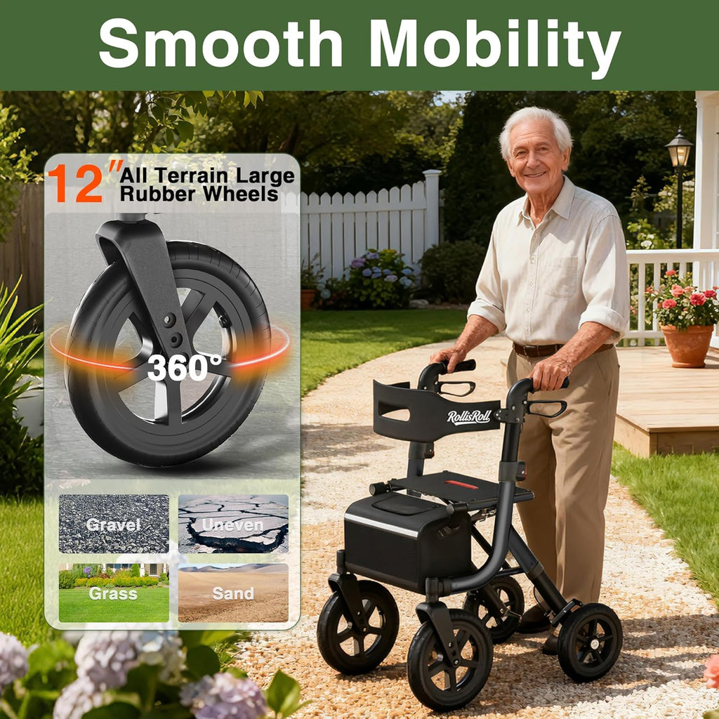 Rollator Walker with Seat for Seniors, Foldable 4 Wheel All-Terrain

