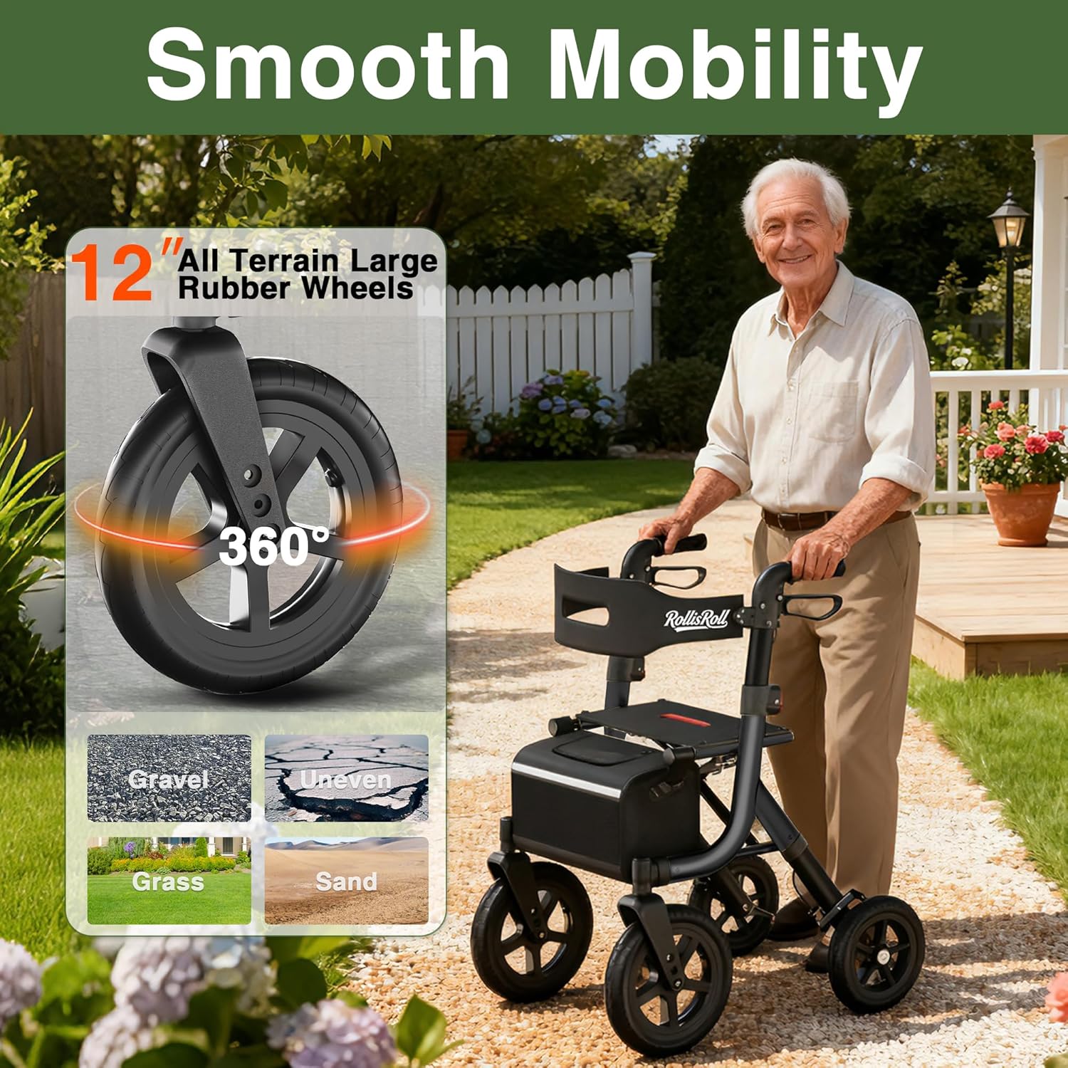 Rollator Walker with Seat for Seniors, Foldable 4 Wheel All-Terrain

