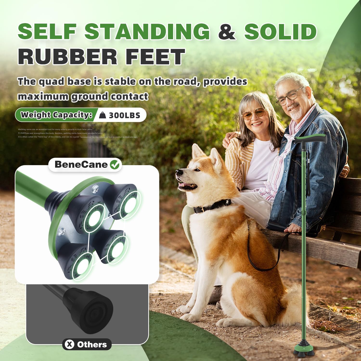 BeneCane Folding Walking Cane for Seniors, Adjustable Quad Cane with TPR T-Handle

