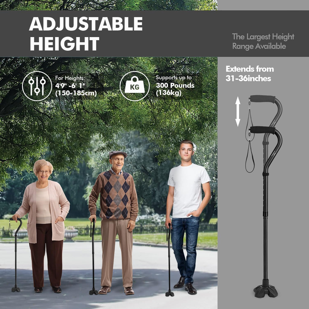 KINGGEAR F1 Folding Walking Cane for Seniors, Lightweight Quad Base


