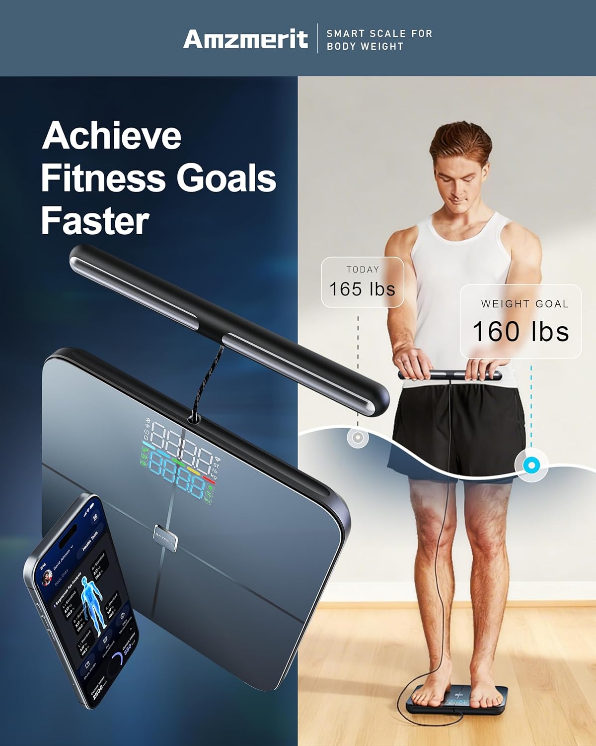 Amzmerit Smart Scale Body Weight 8-Electrode BIA Bluetooth WiFi Rechargeable

