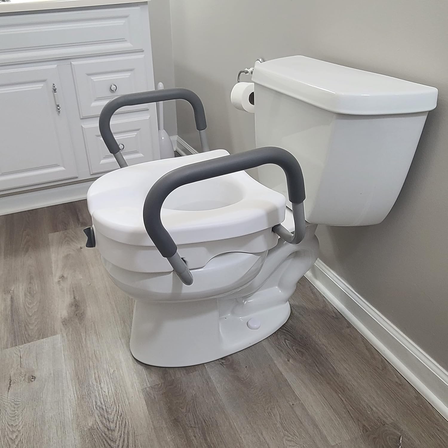 Carex E-Z Lock Raised Toilet Seat Riser with Safety Frame, 5 In Lift, Padded Handles

