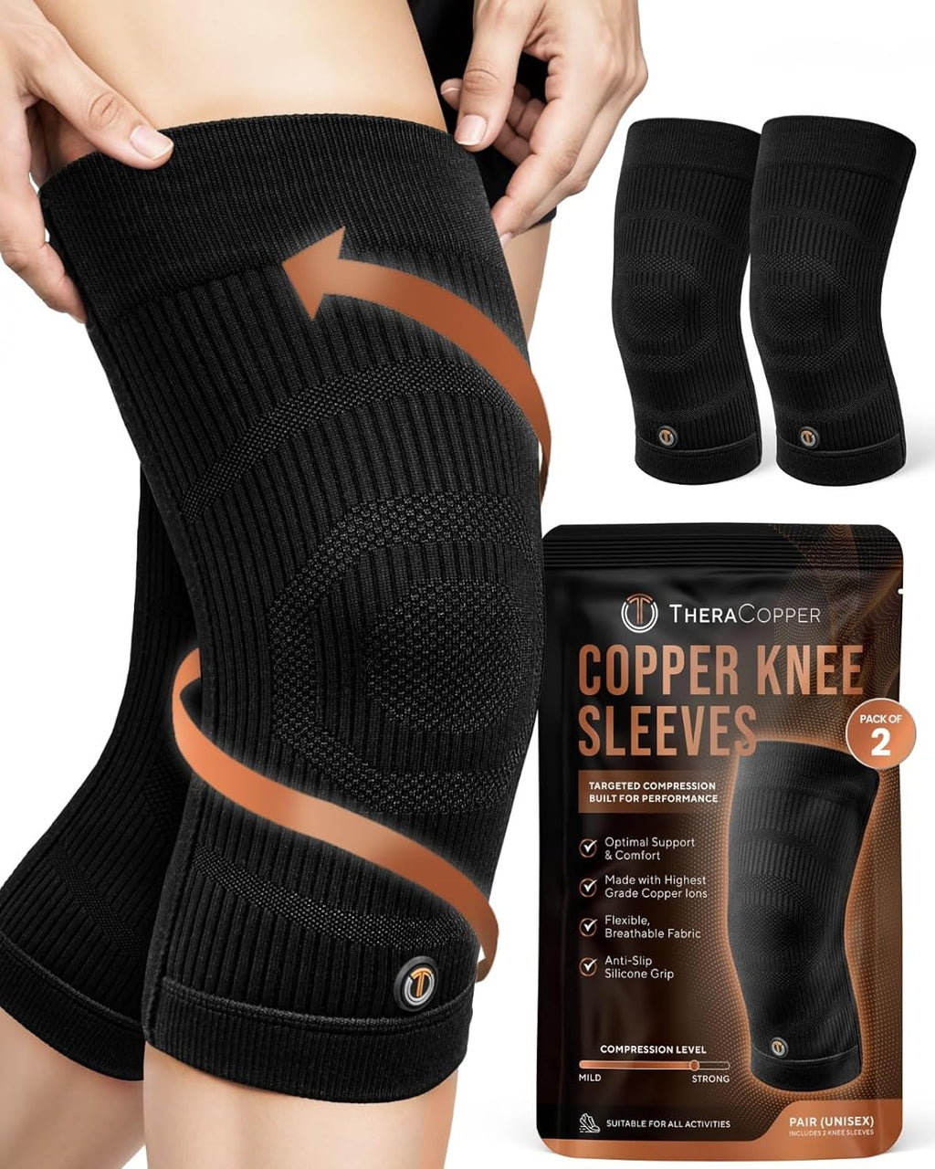 TheraCopper Copper Knee Brace Compression Sleeve for Men & Women, Non-Slip 2 Pack

