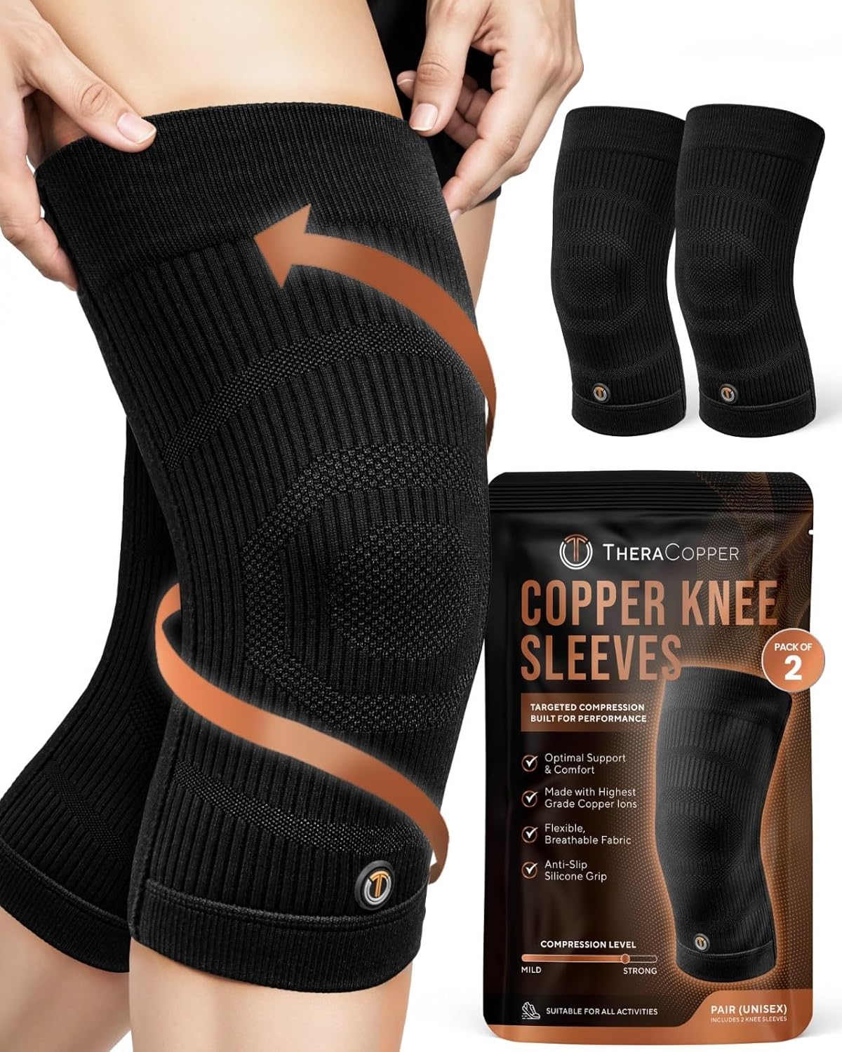 TheraCopper Copper Knee Brace Compression Sleeve for Men & Women, Non-Slip 2 Pack

