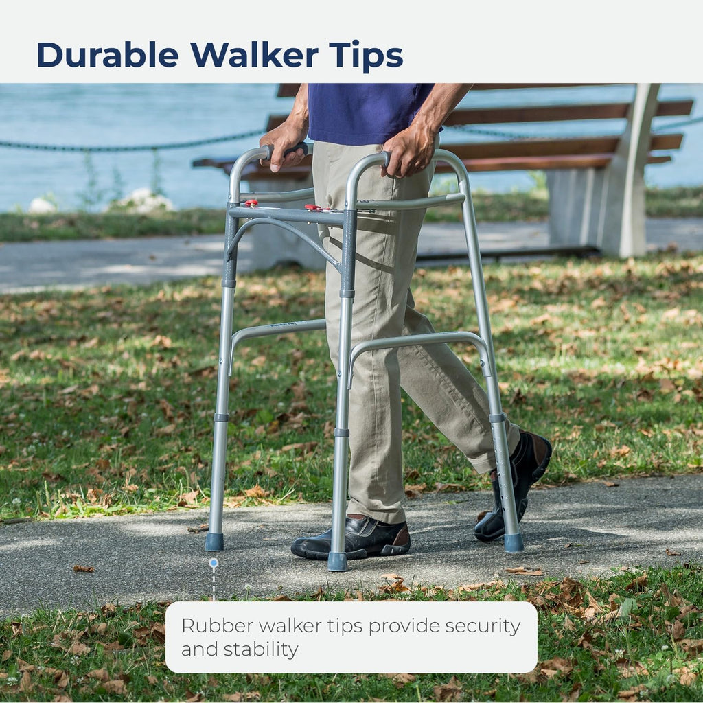 Drive Medical 2-Button Foldable Walker with Adjustable Legs, Lightweight Aluminum 350 lb

