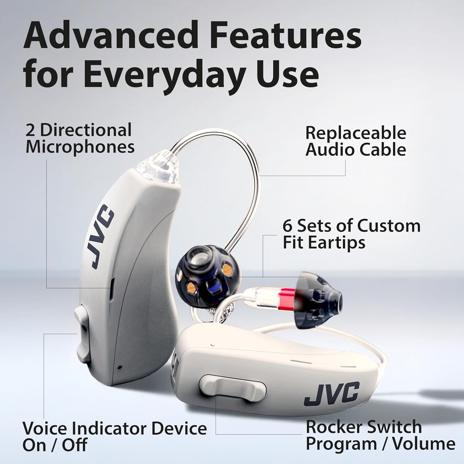 JVC OTC Hearing Aids for Seniors, Rechargeable Behind-Ear with Charging Case

