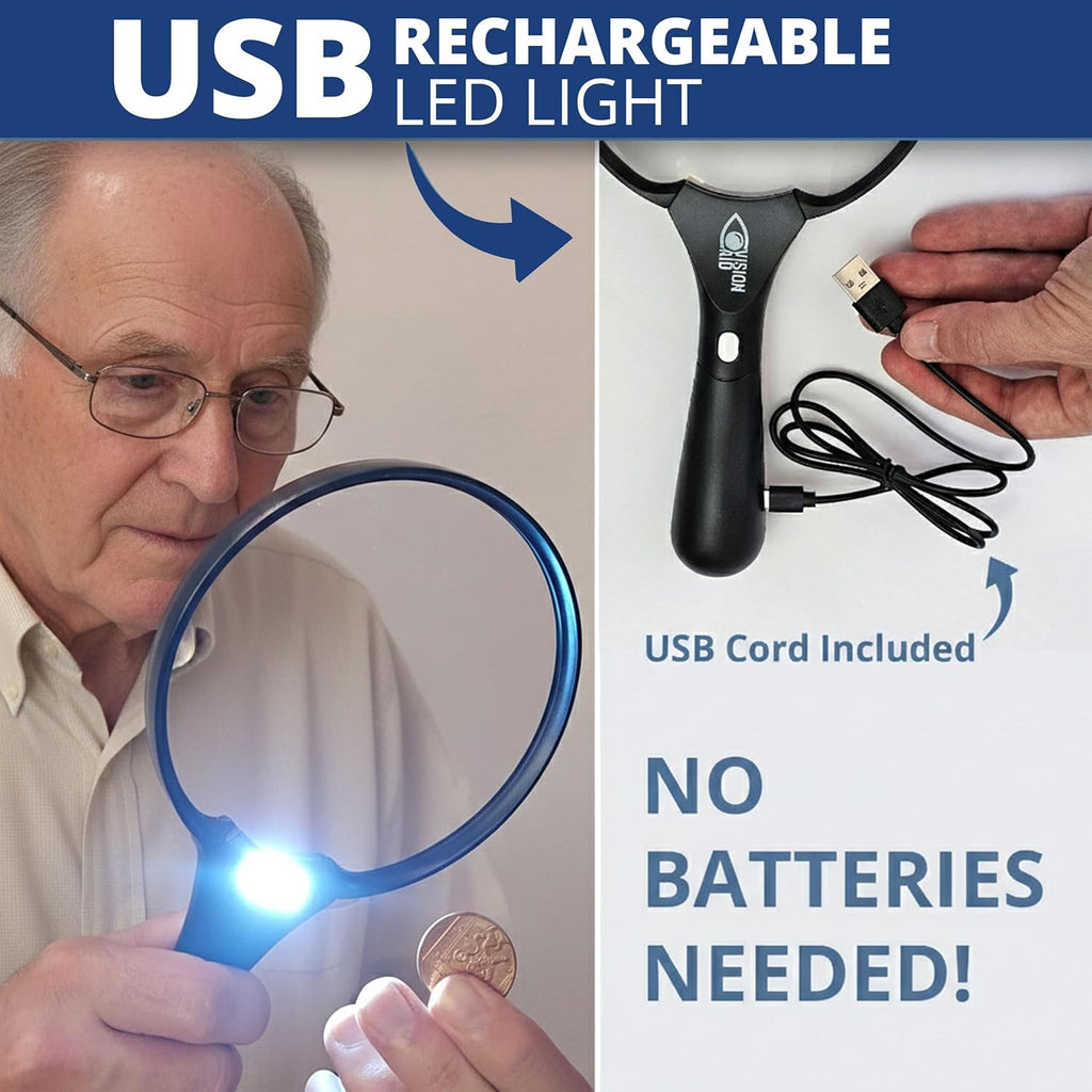 LED Magnifying Glass USB Rechargeable with Hard Case, Handheld Illuminated Loupe


