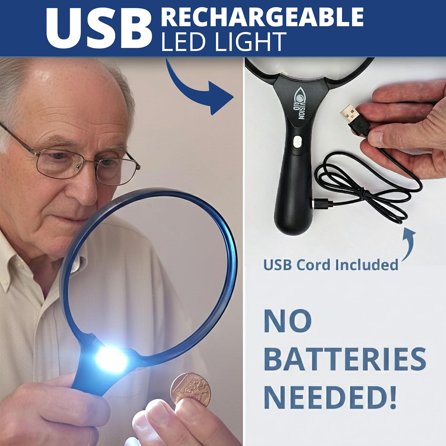 LED Magnifying Glass USB Rechargeable with Hard Case, Handheld Illuminated Loupe

