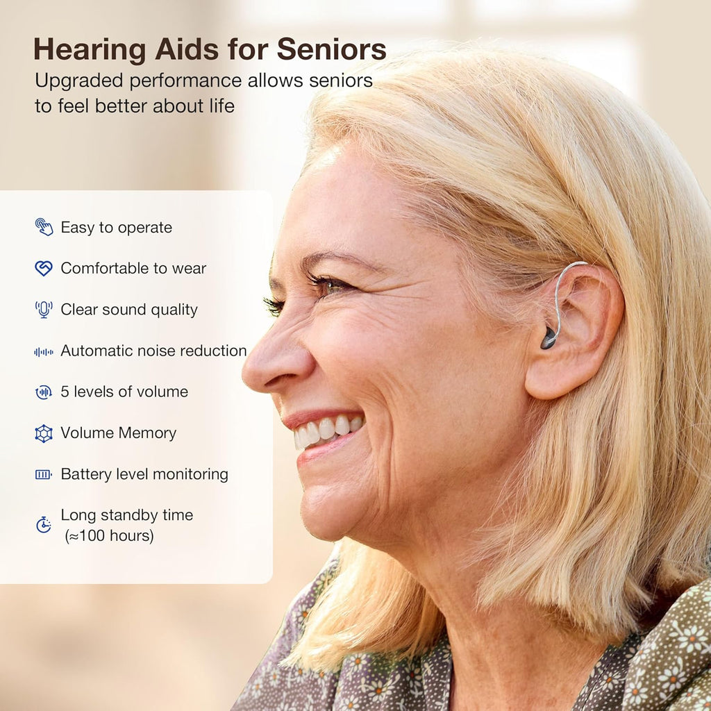 Rechargeable Noise Cancelling Hearing Aids for Seniors, 5-Level Volume


