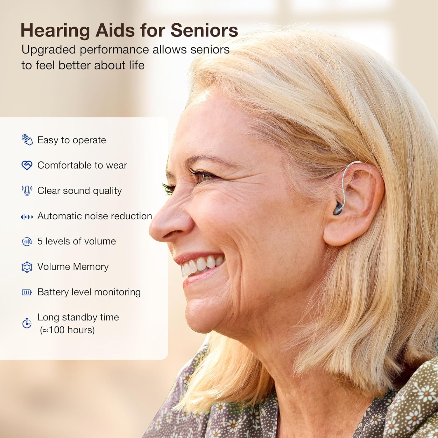 Rechargeable Noise Cancelling Hearing Aids for Seniors, 5-Level Volume

