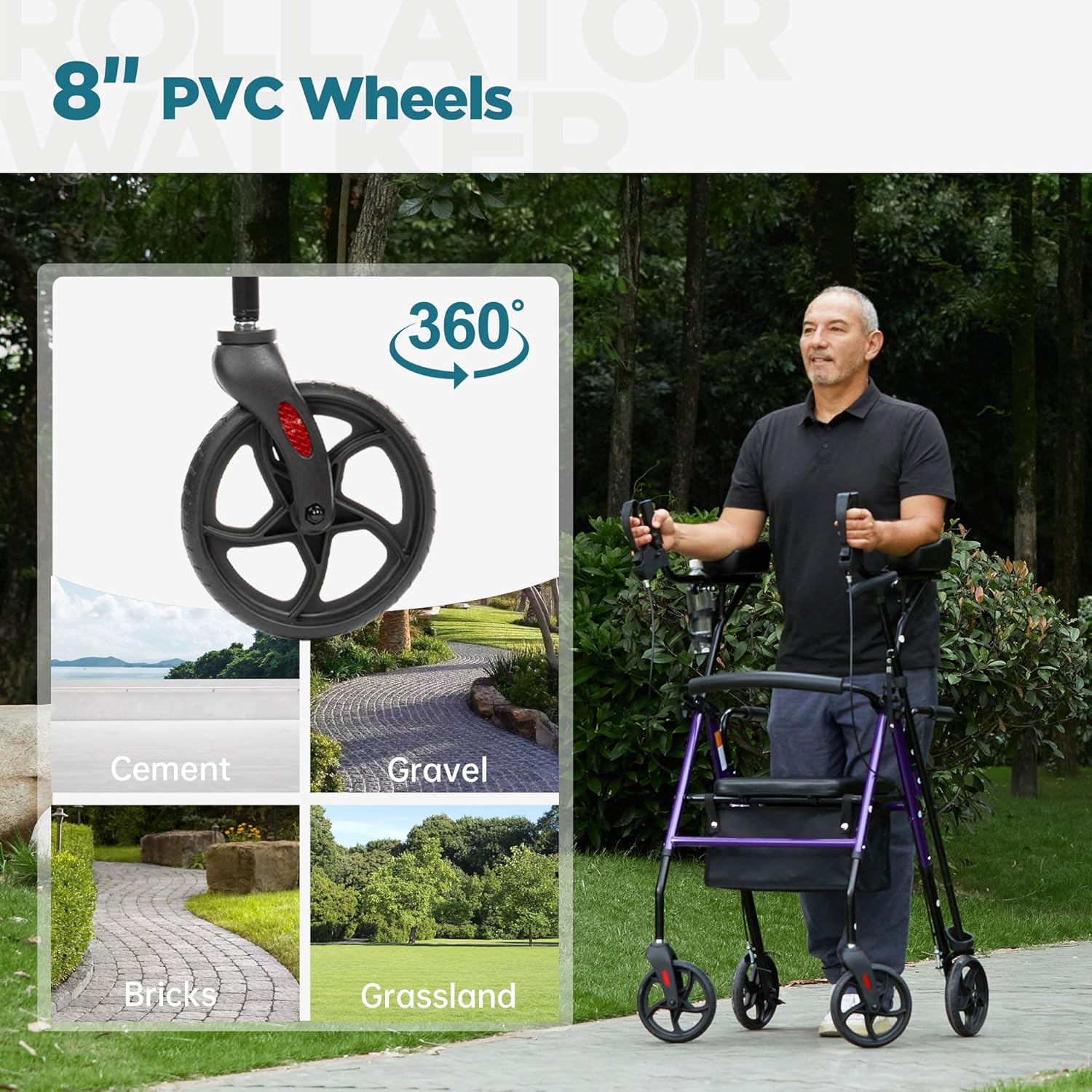 ELENKER Upright Walker Rollator with Padded Seat and Backrest, Compact Folding

