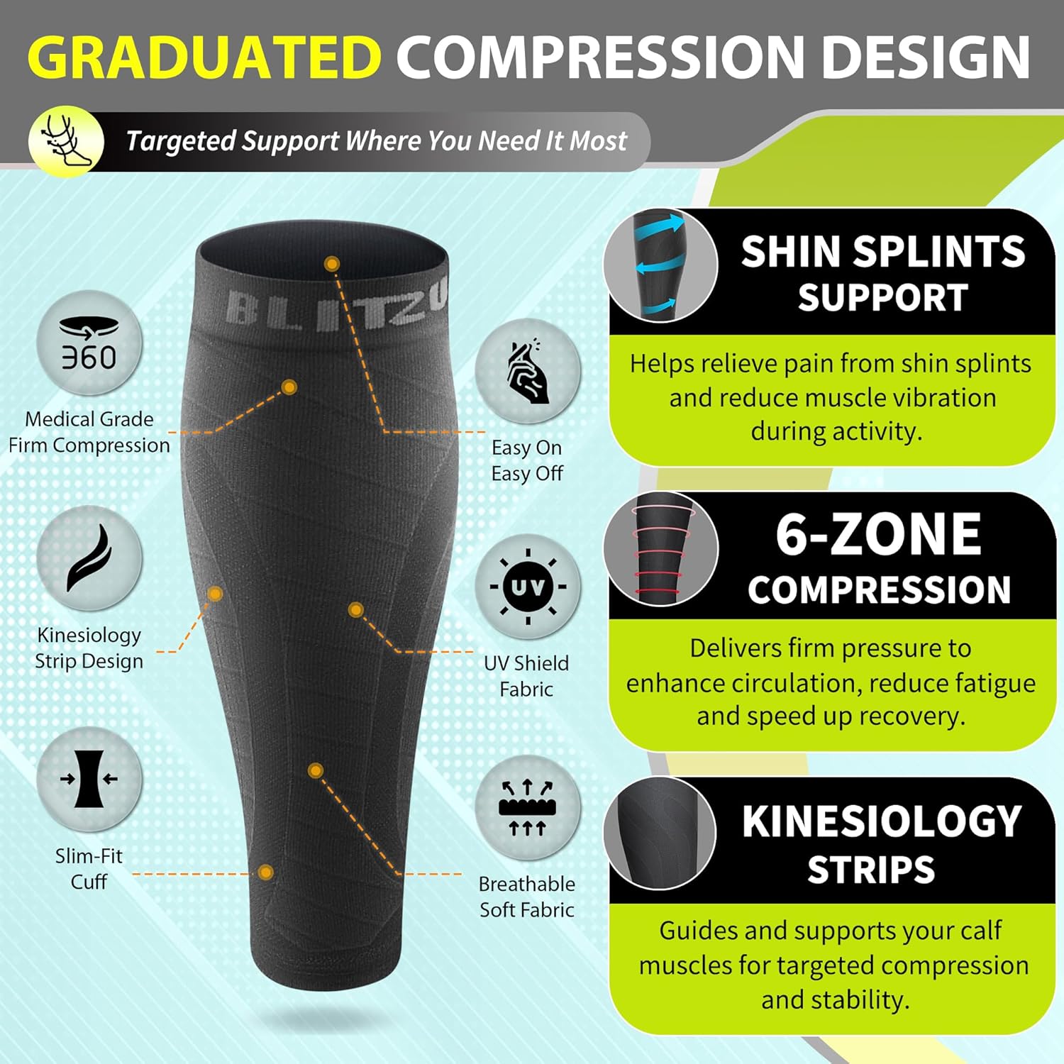 BLITZU Calf Compression Sleeves Footless Socks for Men and Women, Shin Splints

