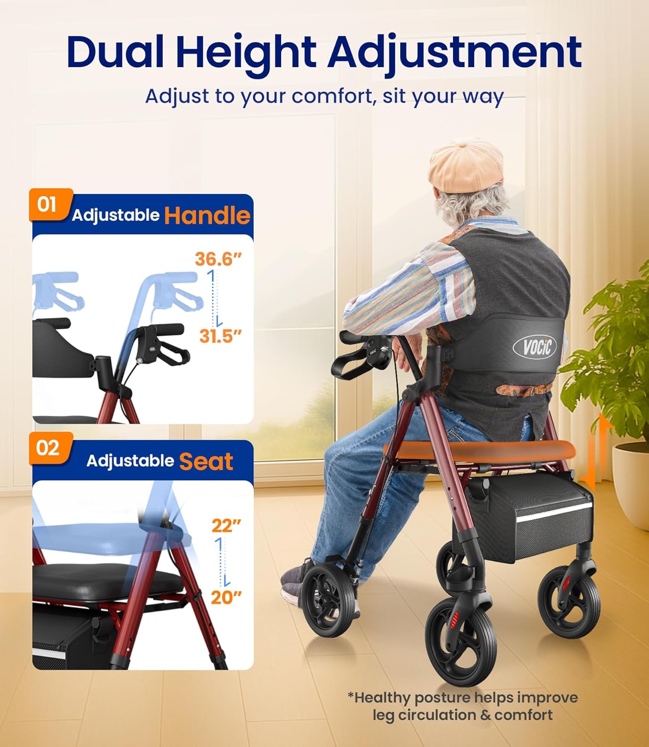 VOCIC Z21 Rollator Walker with Seat, 8" All-Terrain Big Wheels, Foldable

