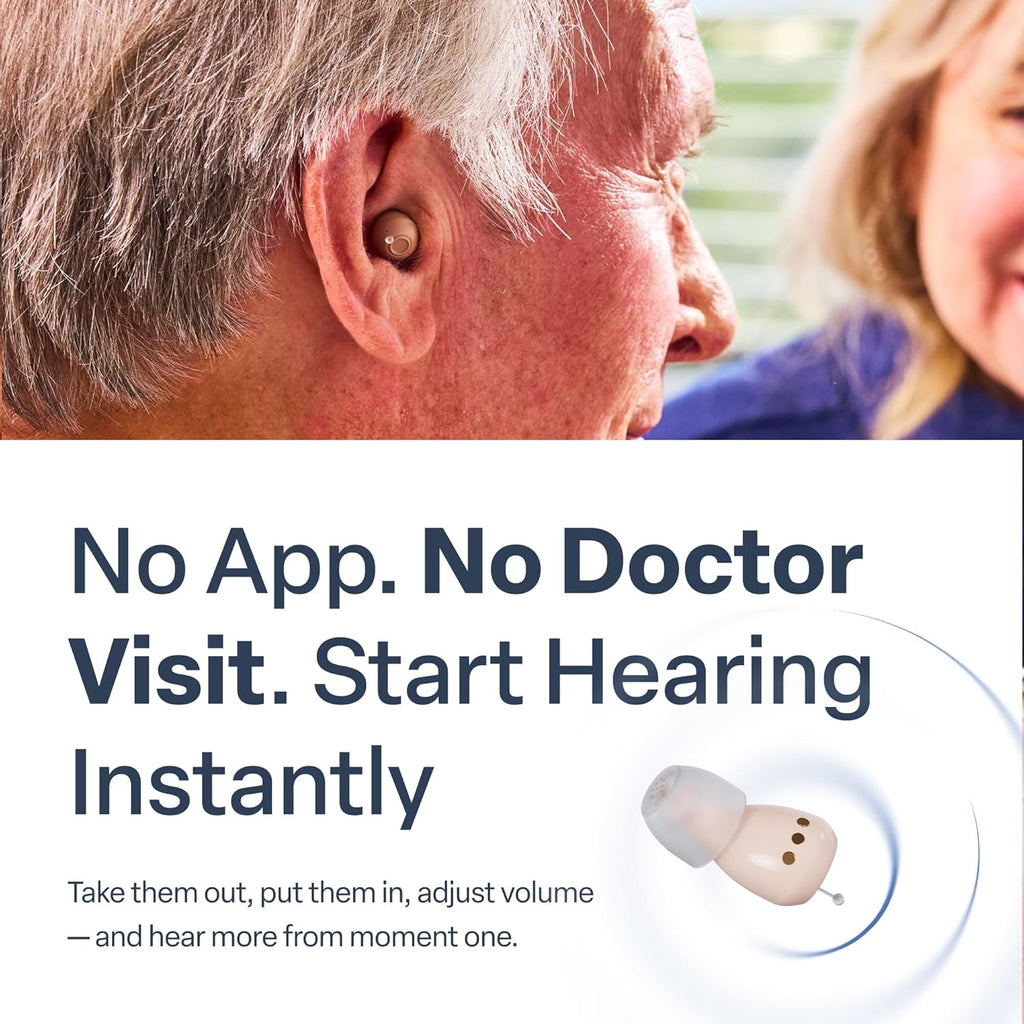 Audien Atom One OTC rechargeable wireless hearing aids with charging dock

