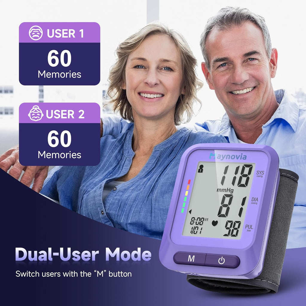 Dual-User Wrist Blood Pressure Monitor with LCD Display and 120 Memory for Home Use


