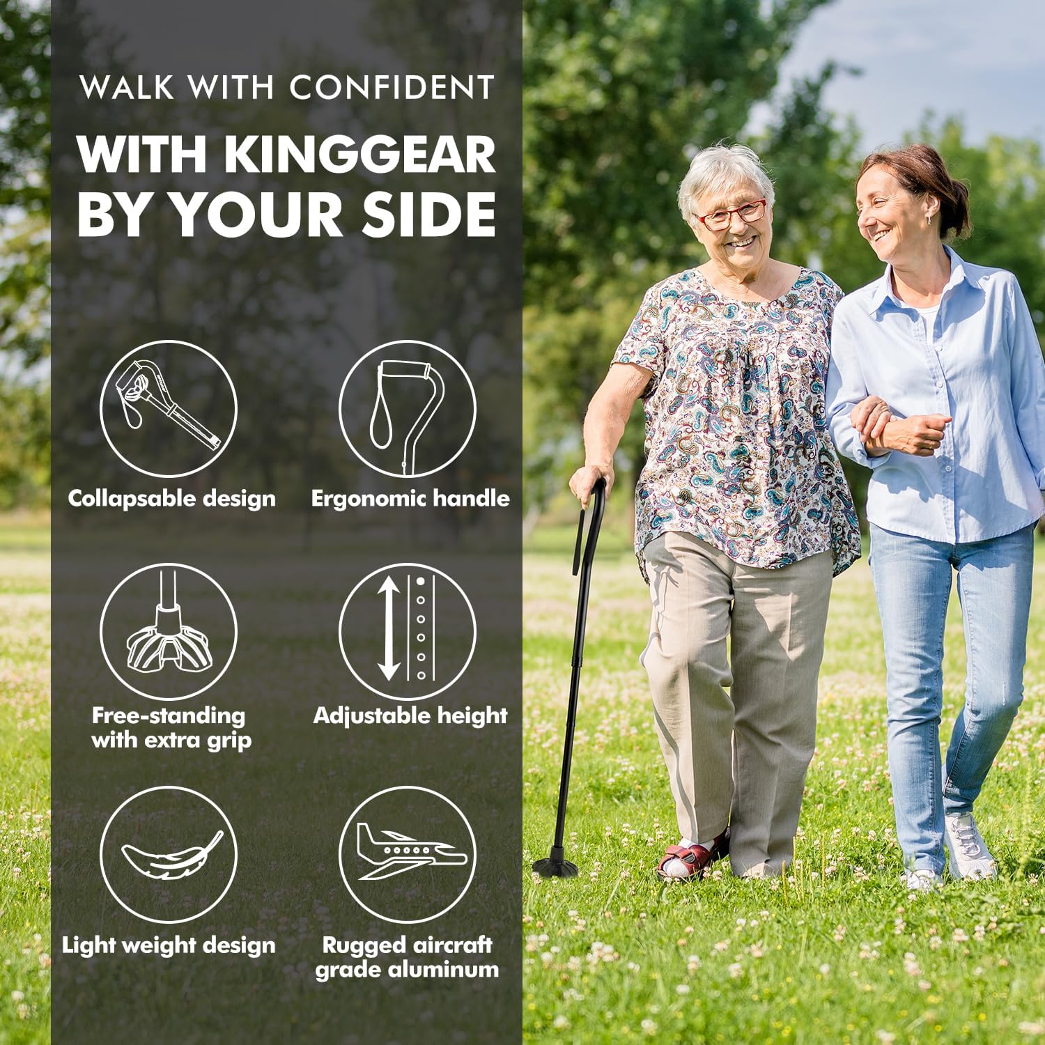 KINGGEAR F1 Folding Walking Cane for Seniors, Lightweight Quad Base

