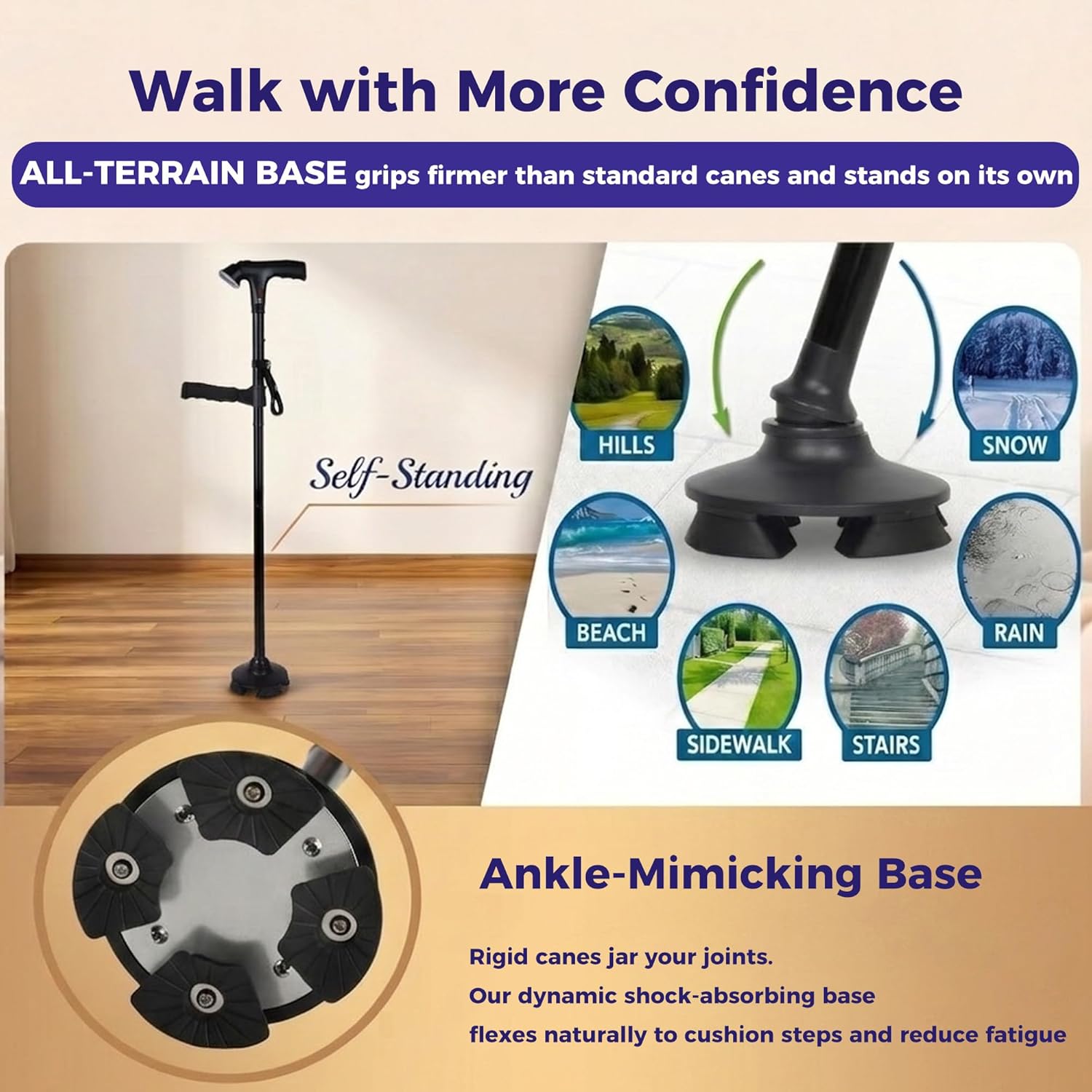 TIRAROME 3-in-1 Folding Walking Cane with SOS Alarm and LED Light, Adjustable

