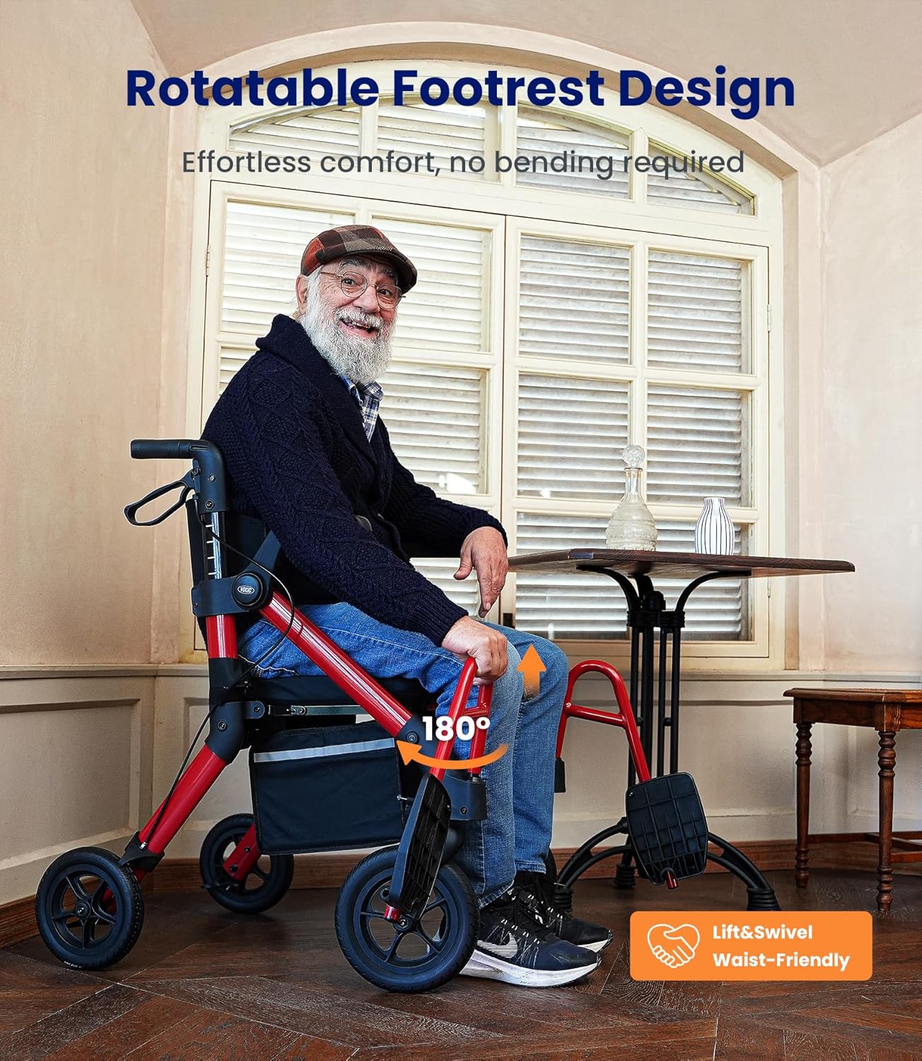 VOCIC 2-in-1 Walker Transport Wheelchair Rollator with Seat, Brakes, All-Terrain Wheels

