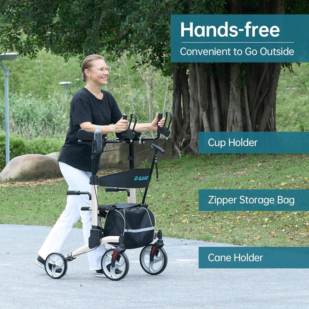 ELENKER Upright Walker Rollator with Folding Seat Backrest and 10 in Wheels

