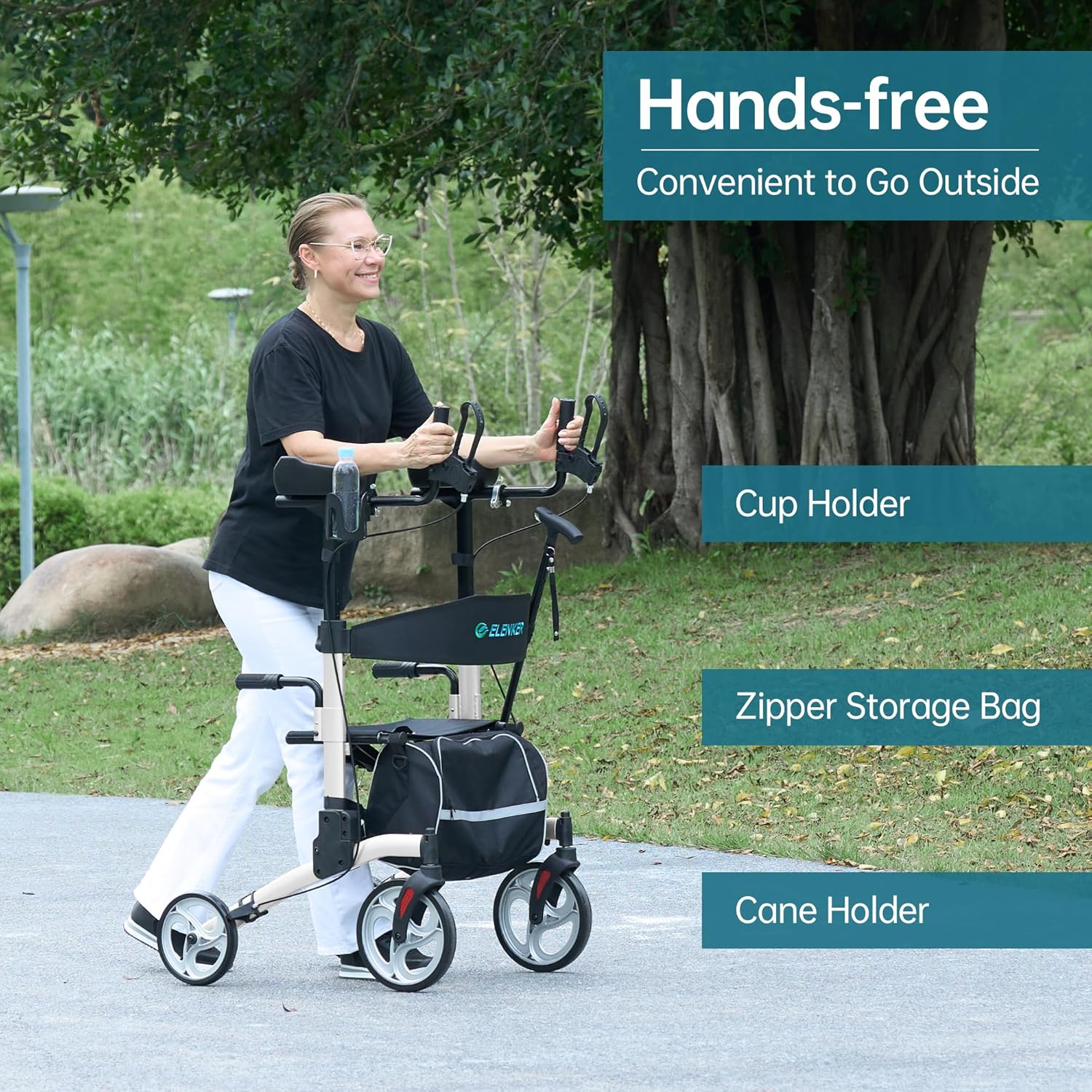 ELENKER Upright Walker Rollator with Folding Seat Backrest and 10 in Wheels

