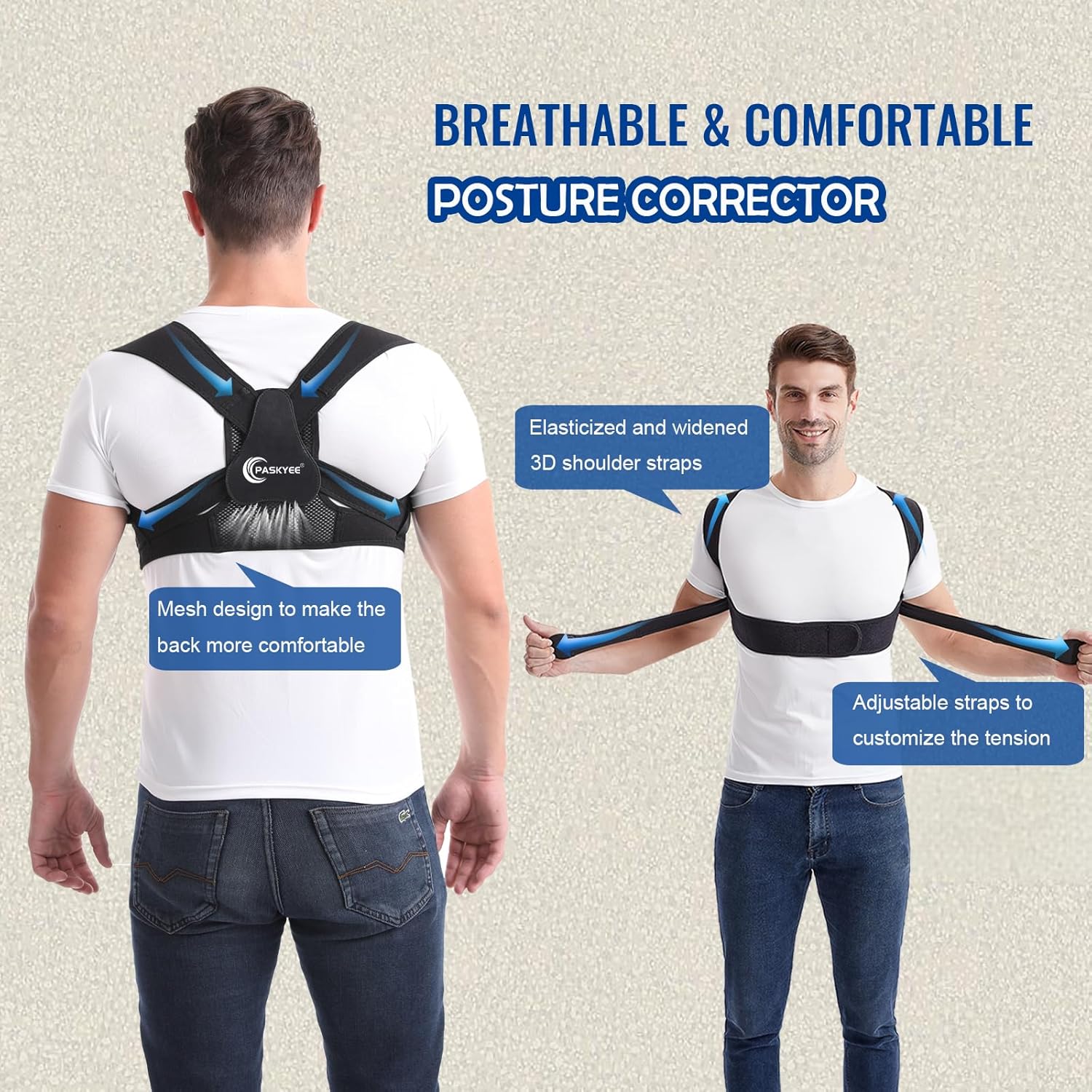 Paskyee Posture Corrector Back Brace for Neck and Upper Back, Adjustable Support


