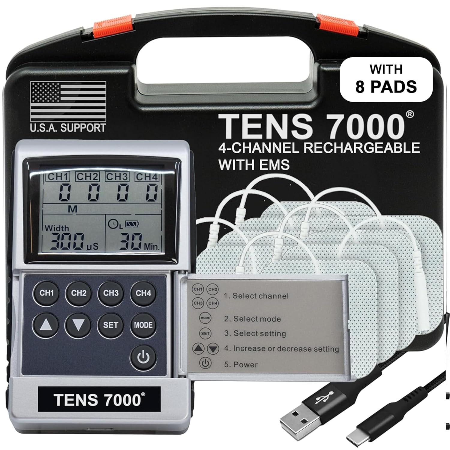 TENS 7000 Pro Rechargeable TENS Unit Muscle Stimulator, 4-Channel EMS/TENS

