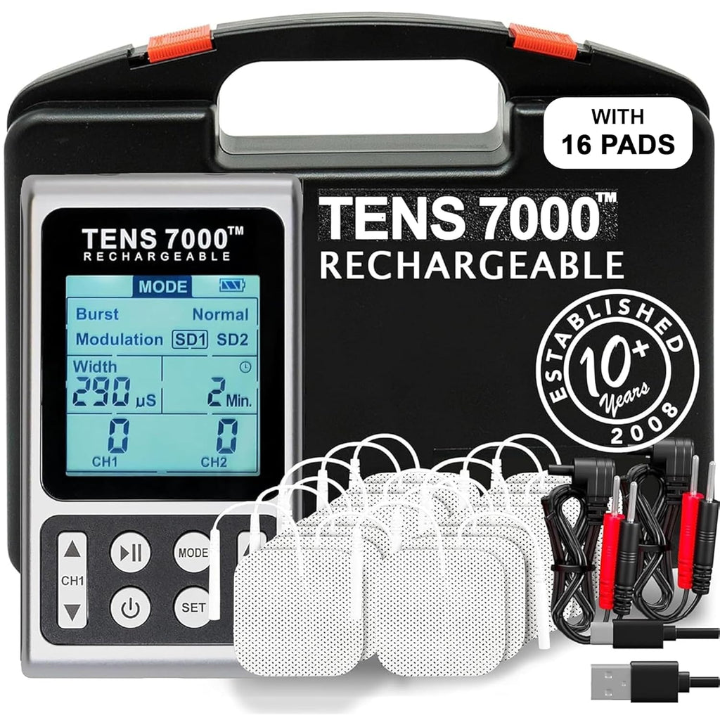 TENS 7000 Rechargeable TENS Unit Muscle Stimulator with Replacement Pads

