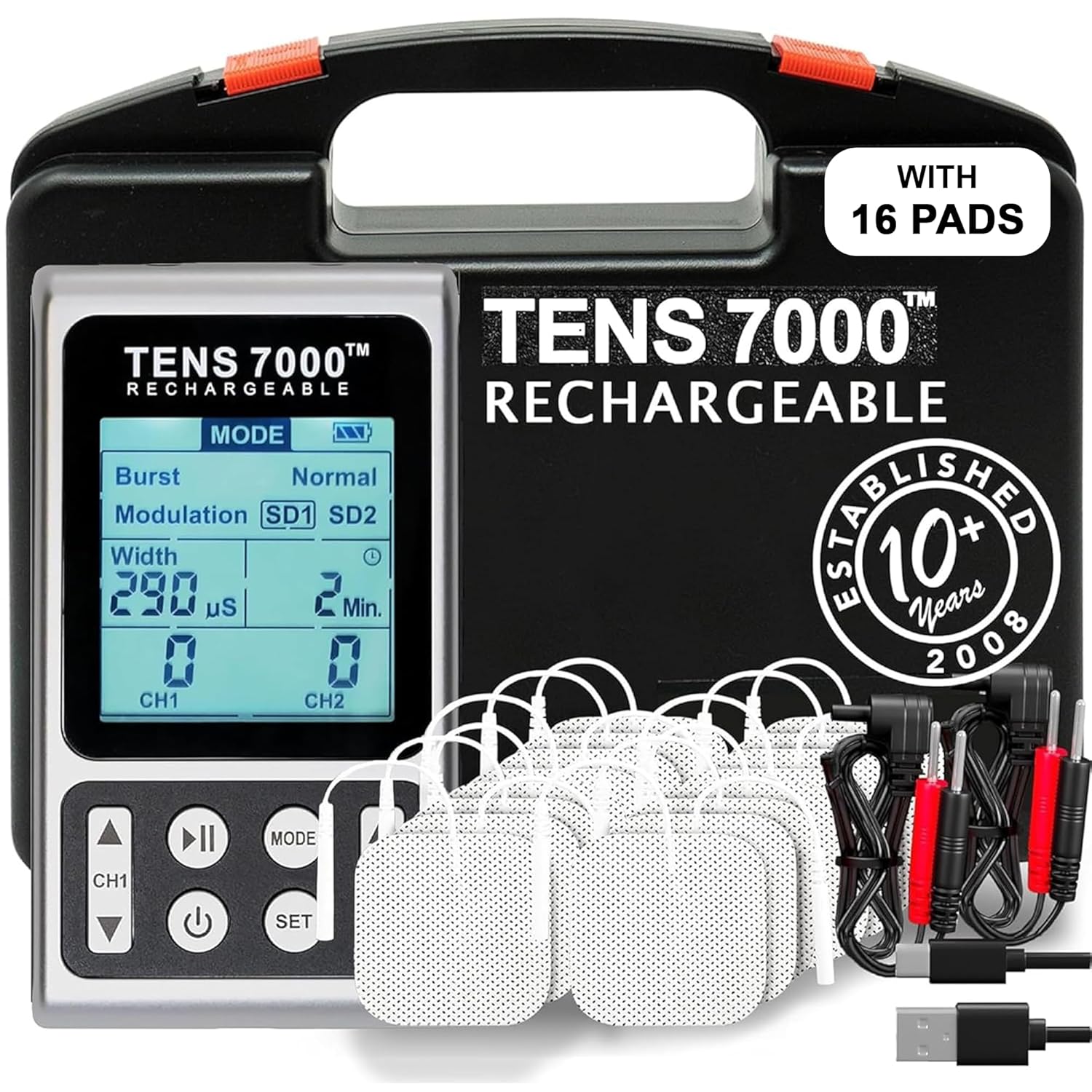 TENS 7000 Rechargeable TENS Unit Muscle Stimulator with Replacement Pads

